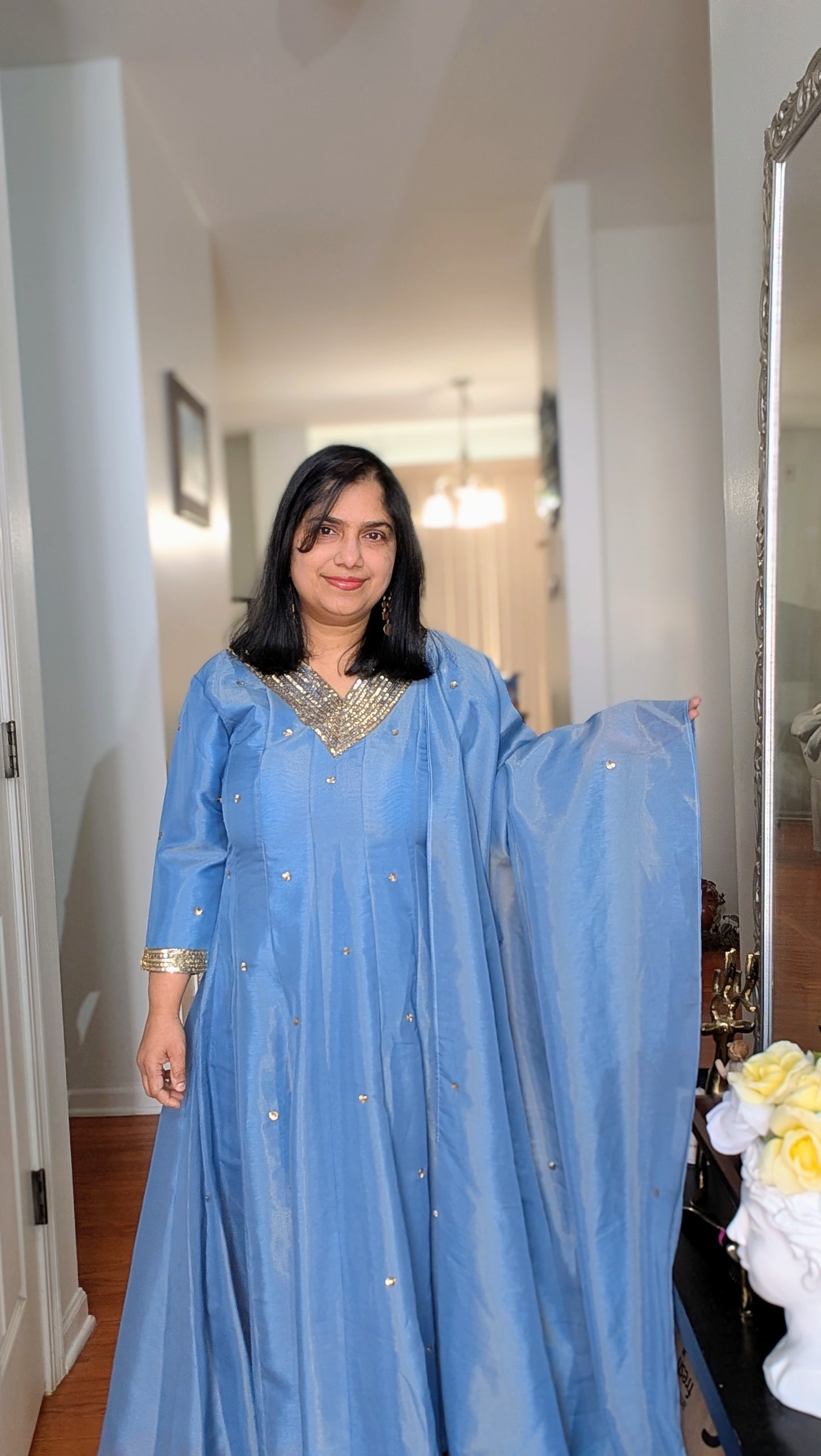 light blue tissue party wear churidar suit in USA for women. Shipping all over USA
