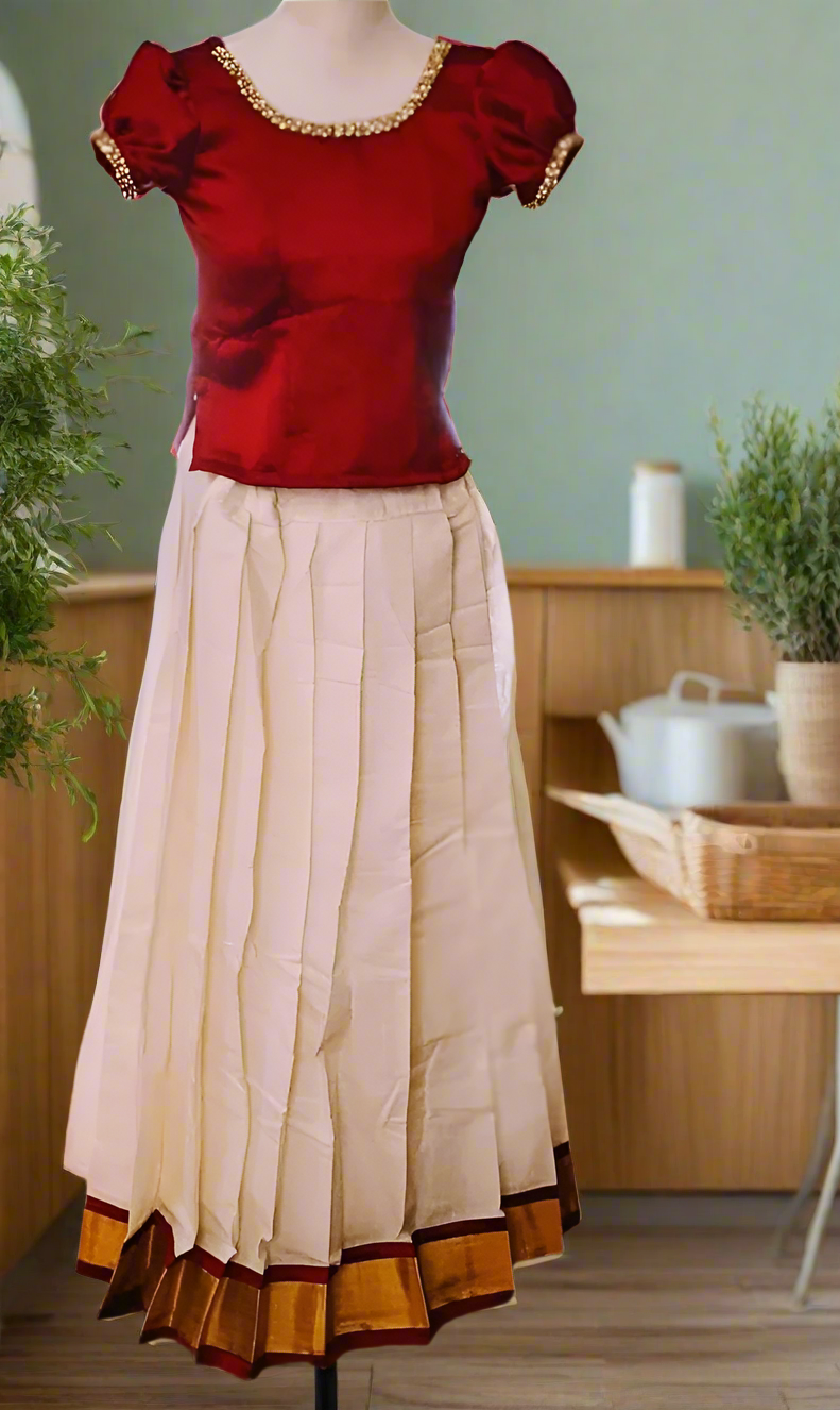 Red Kerala Kasavu Pavada and Blouse