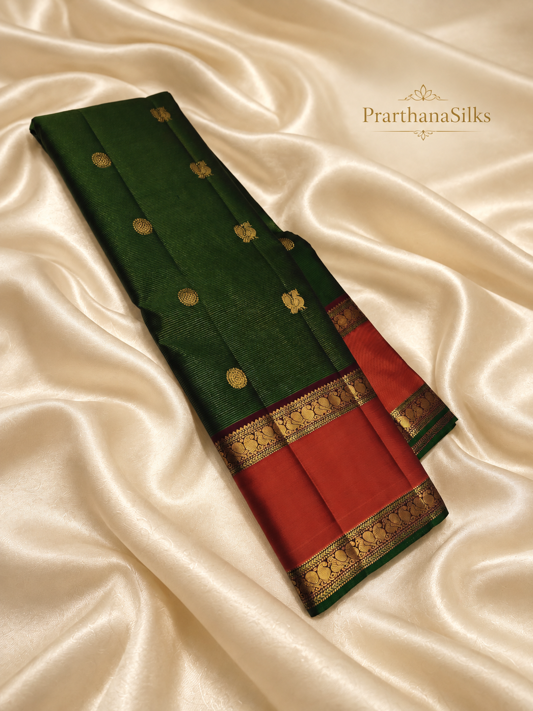 Bottle green and fire color border Kanchipuram silk saree