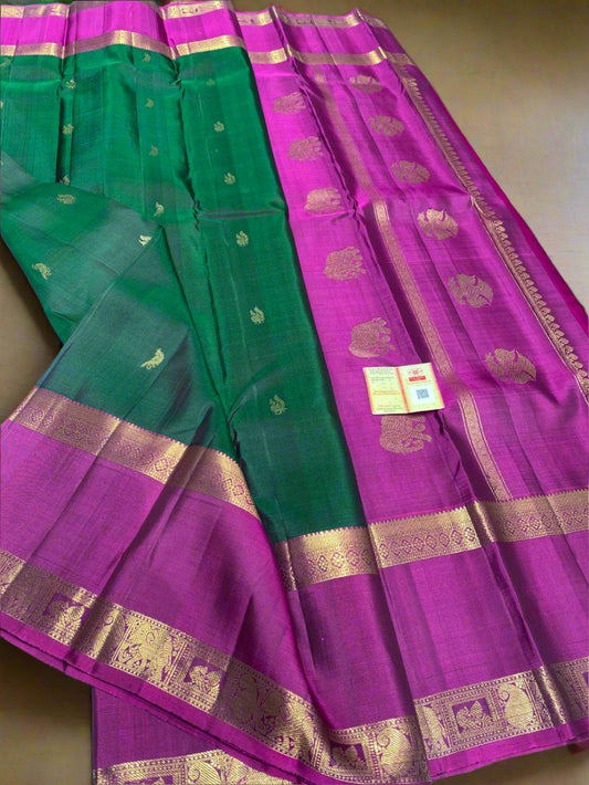 kanchipuram pure silk handloom  Green and purple combination