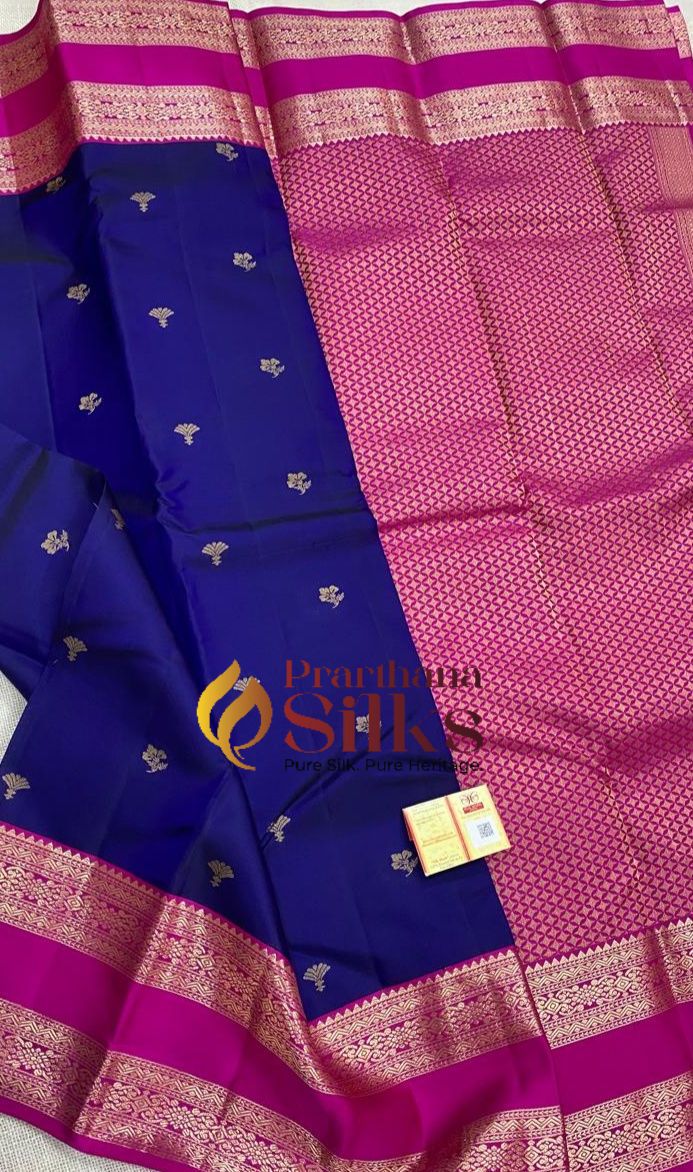 Royal blue Kanchipuram soft silk with zari butta saree