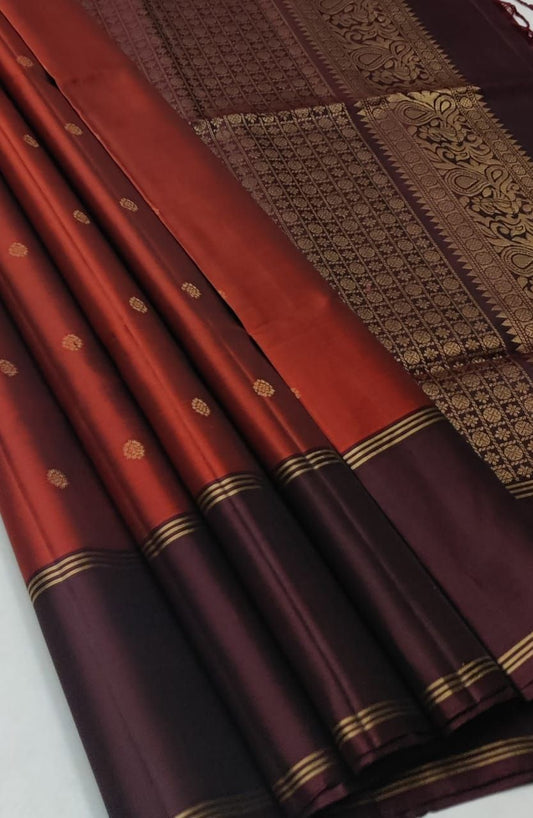 Brick red and brown borderless kanchipuram
