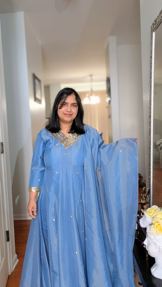 light blue tissue party wear churidar suit in USA for women. Shipping all over USA