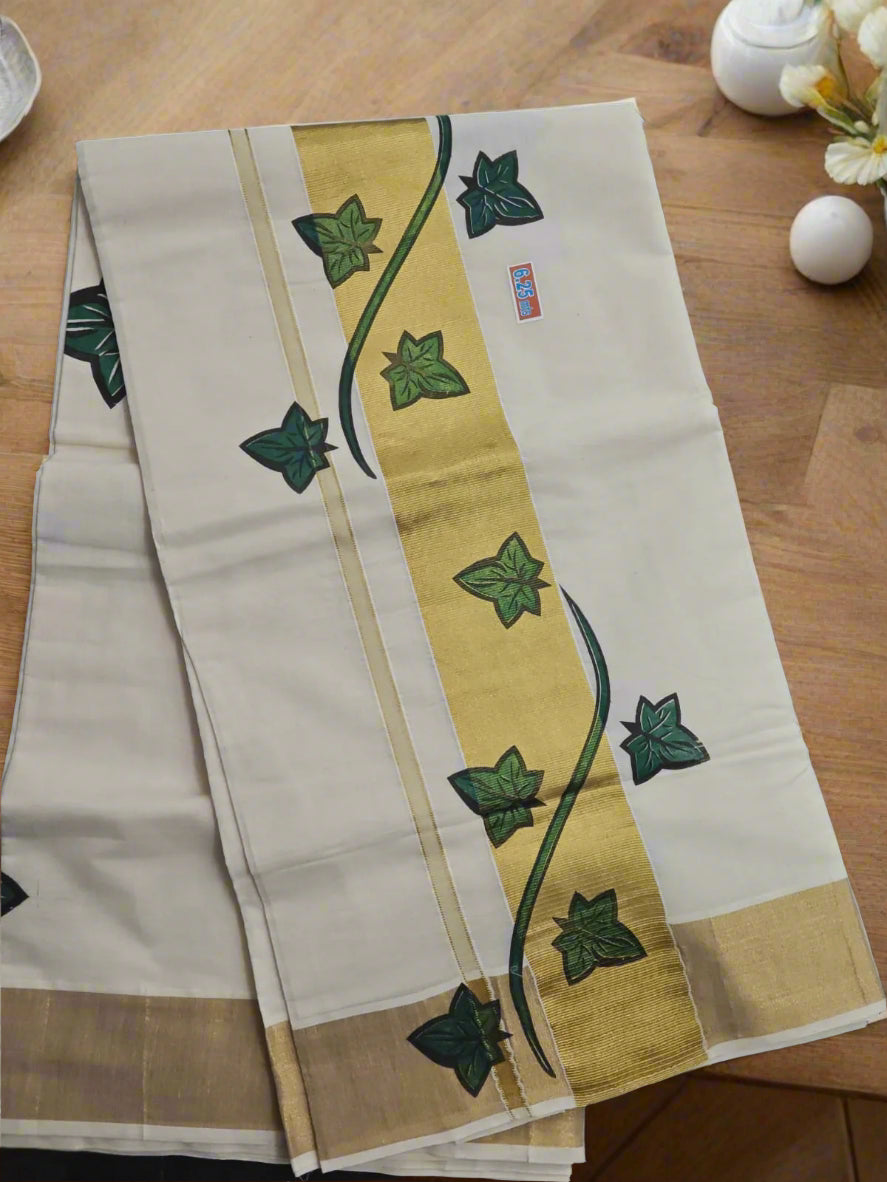 Kerala Cotton  saree with green leaf