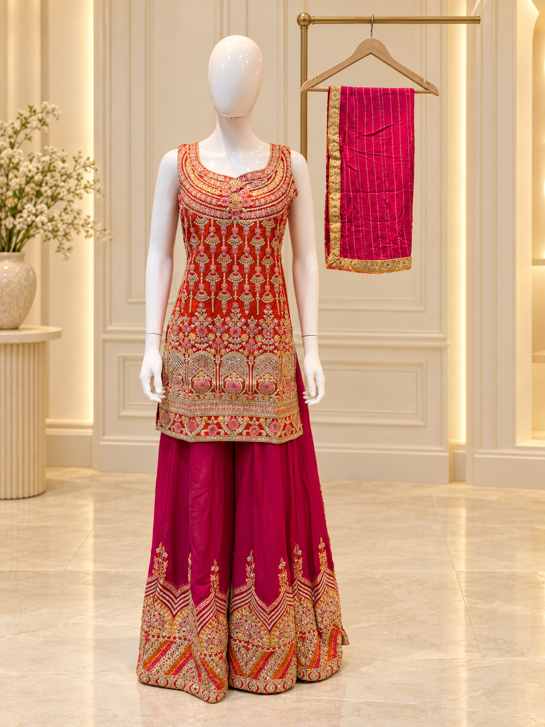 Heavy Sharara with red gold embroidery