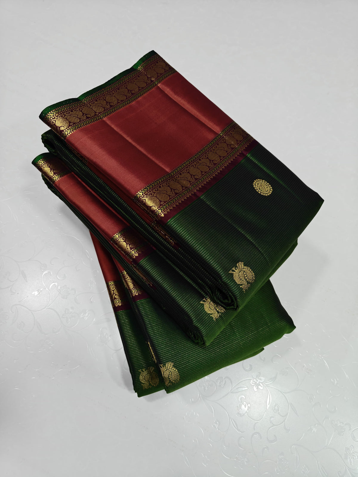 Bottle green and fire color border Kanchipuram silk saree