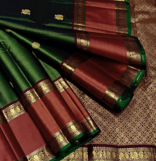 Bottle green and fire color border Kanchipuram silk saree