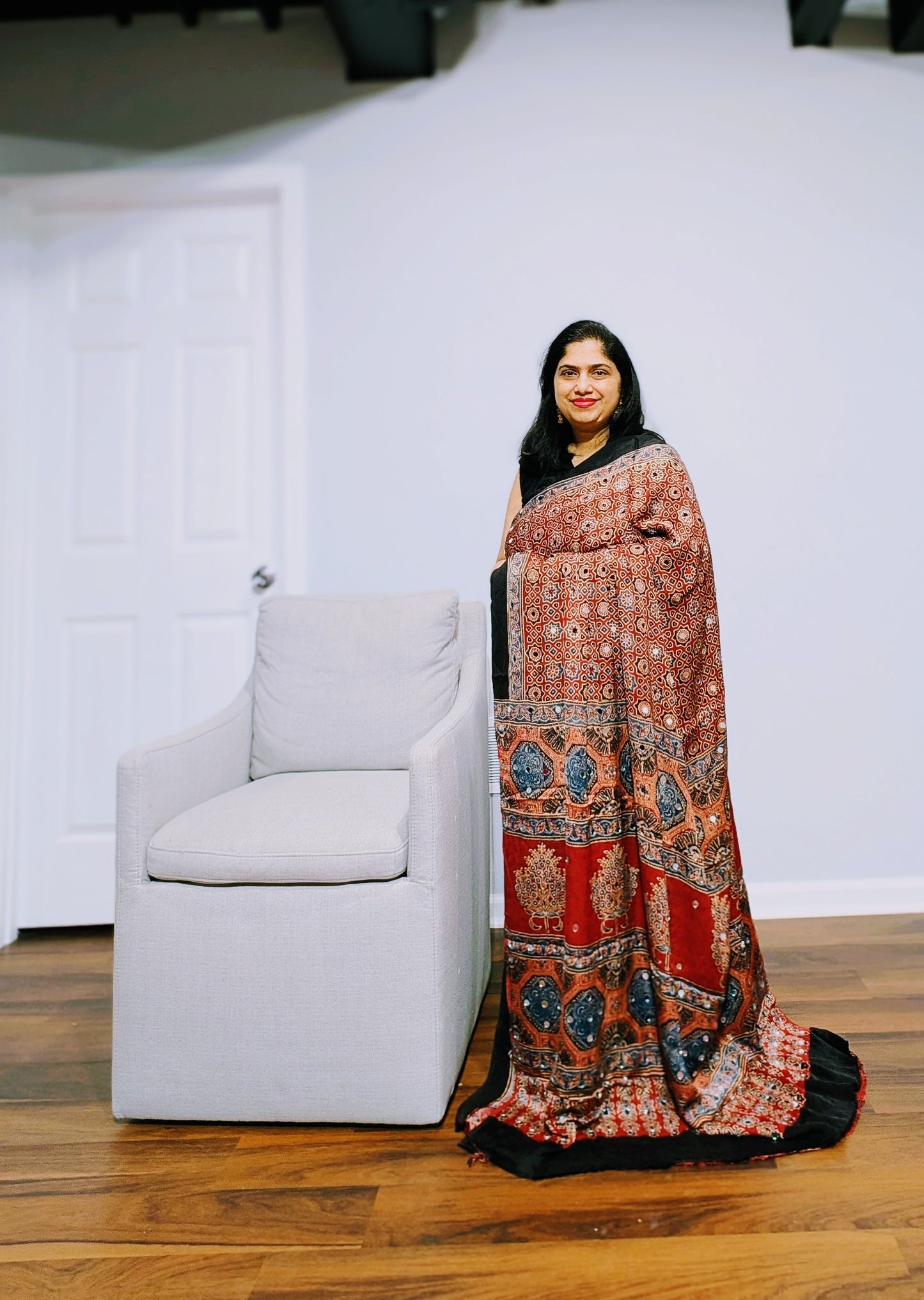 Ajrak Print Saree with Mirror Work Detailing