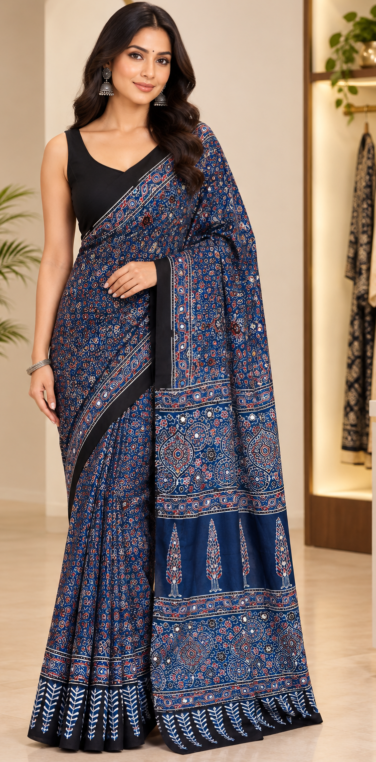 Modal silk Ajrak saree indigo blue Mirror work