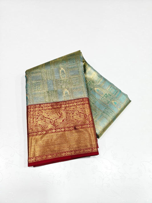 Light blue and Maroonishh red Tissue Kanchipuram