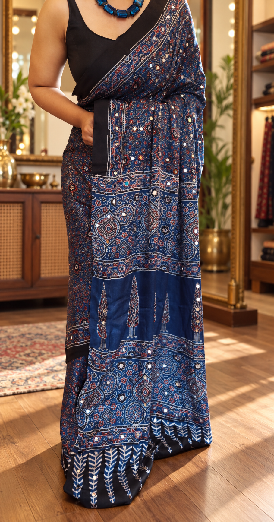 Modal silk Ajrak saree indigo blue Mirror work